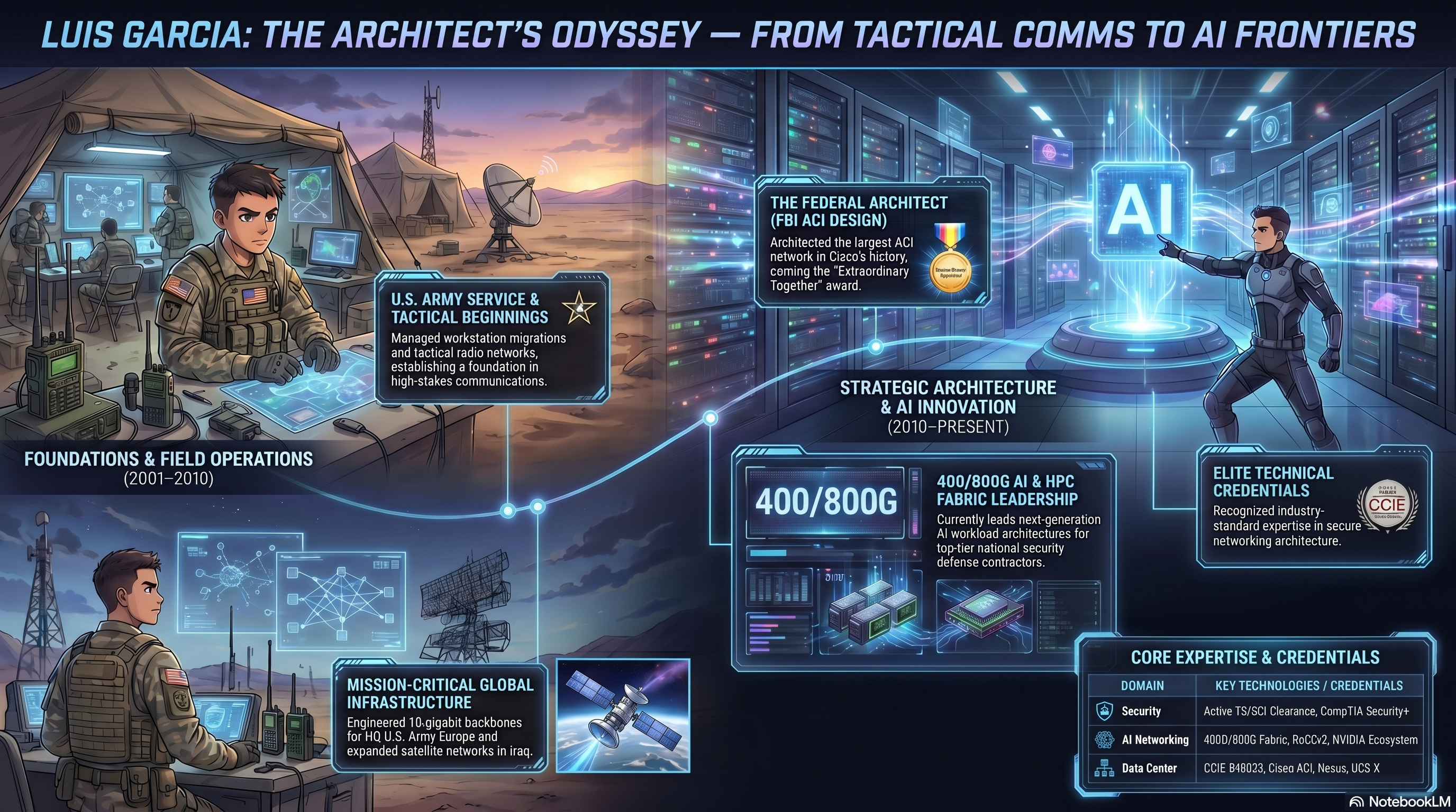 Luis Garcia's professional technology journey, from U.S. Army tactical communications through federal architecture to AI/HPC fabric leadership.
