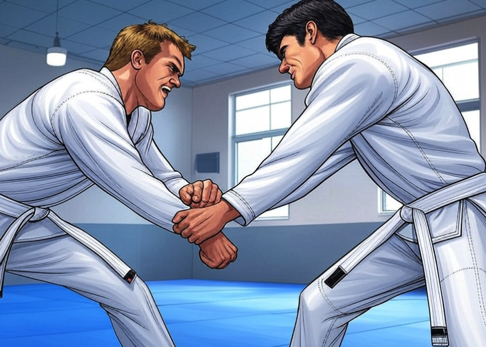 Two competitors gripping in Jiu Jitsu
