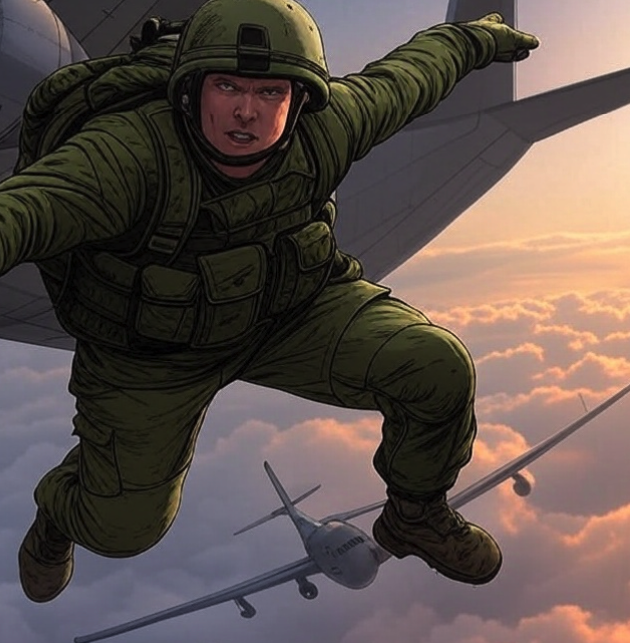 A paratrooper falling through the sky